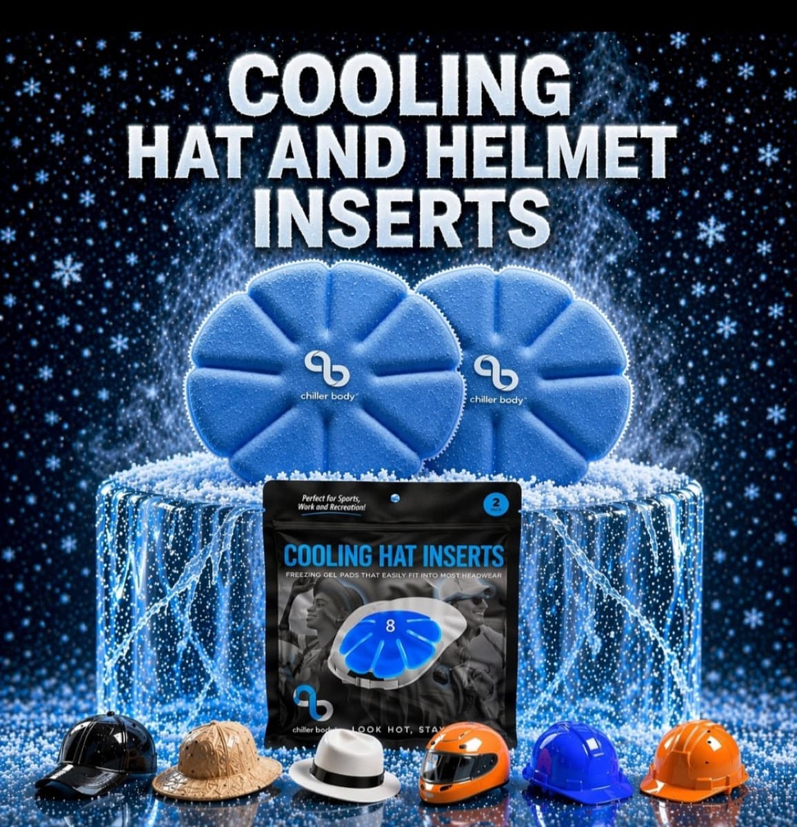 Chiller Body cooling hat and helmet inserts with hats, hard hats, and helmets