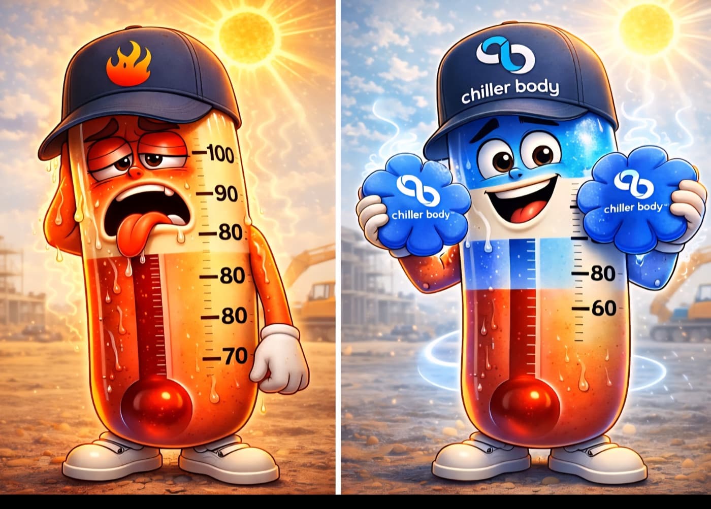 Illustration showing a sweating, overheated thermometer character beside a cool, smiling Chiller Body thermometer character holding cooling inserts